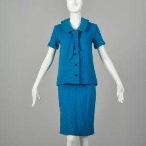 Small 1960s Skirt Set Maternity Blue Knit Outfit