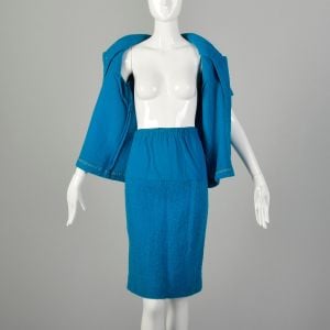 Small 1960s Skirt Set Maternity Blue Knit Outfit - Fashionconservatory.com