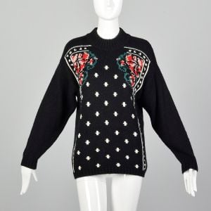 Large 1980s Black Sweater with Bandana Print and Cozy High Neck 