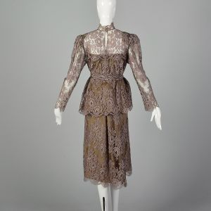 Large 1980s Becky Bisoulis Skirt Set Mauve Lace Ensemble  - Fashionconservatory.com