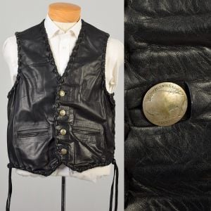 Mens XL 1980s Black Leather Lace Up Vest w Long Side Ties 