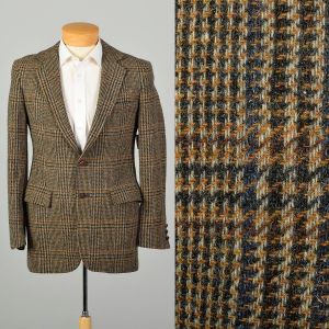 M | 1970s Green, Blue & Brown Glen Plaid Tweed Two Button Sport Jacket Blazer by Carson Pirie Scott