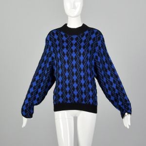 Medium 1980s Sweater Mock Neck Blue Black Diamond Pattern Zippered Shoulders