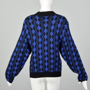 Medium 1980s Sweater Mock Neck Blue Black Diamond Pattern Zippered Shoulders - Fashionconservatory.com