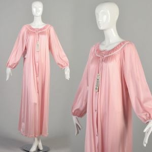 1970s Large Pink Lace Trimmed Long Sleeve Nightgown Dress