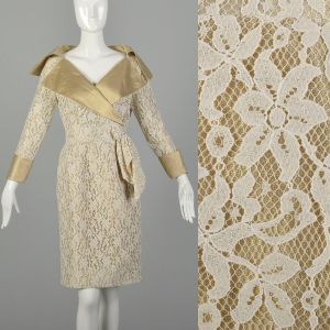 Small 1990s Pilar Rossi White Lace Dress Metallic Gold Lamé Portrait Collar Designer