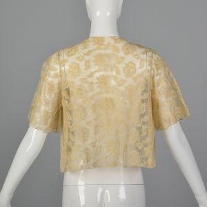 Small 1990s Ivory White Lace Top Embroidered Floral Applique Cropped Bolero Jacket   - Fashionconservatory.com
