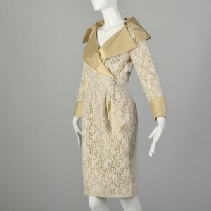 Small 1990s Pilar Rossi White Lace Dress Metallic Gold Lamé Portrait Collar Designer - Fashionconservatory.com