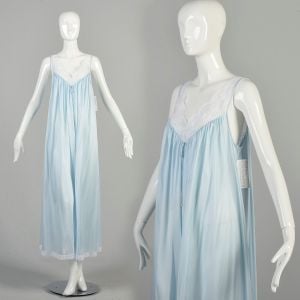 L-4XL 1970s Light Blue Nightgown White Lace Trim Loose Silky Nylon Low Cut Pastel Sheer Lingerie 