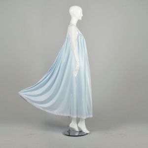 L-4XL 1970s Light Blue Nightgown White Lace Trim Loose Silky Nylon Low Cut Pastel Sheer Lingerie  - Fashionconservatory.com