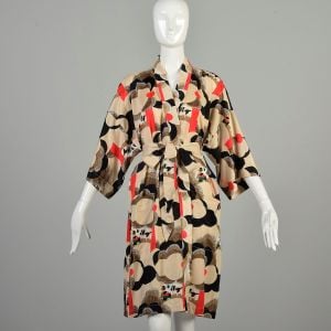 OSFM 1970s Wrap Robe Tan Red Black Abstract Asian Kimono Rose Waist Tie Silky Loungewear Coverup 
