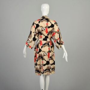 OSFM 1970s Wrap Robe Tan Red Black Abstract Asian Kimono Rose Waist Tie Silky Loungewear Coverup  - Fashionconservatory.com