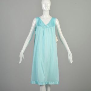 L-XL 1980s Light Blue Aqua Nightgown Silky Nylon Floral Embroidered Sleeveless Knee Length Deadstock