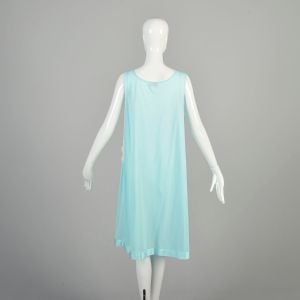 L-XL 1980s Light Blue Aqua Nightgown Silky Nylon Floral Embroidered Sleeveless Knee Length Deadstock - Fashionconservatory.com