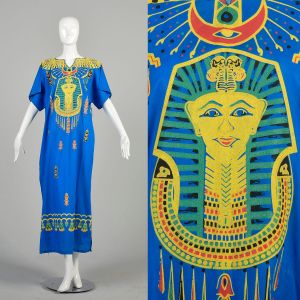L-2XL 1970s Bright Blue Kaftan Screenprinted Egyptian Pharaoh Tut Short Sleeve Loose Maxi Dress 