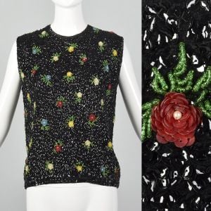 Medium 1960s Novelty Black Top Beaded Floral Sequins Wool Knit Sleeveless Sweater Blouse