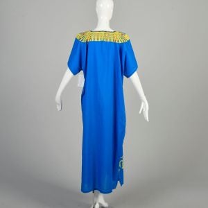 L-2XL 1970s Bright Blue Kaftan Screenprinted Egyptian Pharaoh Tut Short Sleeve Loose Maxi Dress  - Fashionconservatory.com