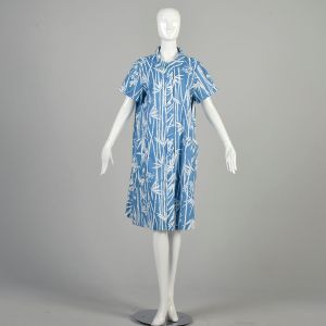 L-XL 1970s Blue White Dress Bamboo Print Short Sleeve Cotton Blend Button Front Casual Day Dress 
