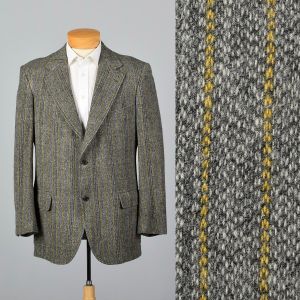 Large 1970s Mens Gray Blazer Jacket Bespoke Yellow Pinstripe Tweed Sports Coat 