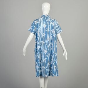 L-XL 1970s Blue White Dress Bamboo Print Short Sleeve Cotton Blend Button Front Casual Day Dress  - Fashionconservatory.com