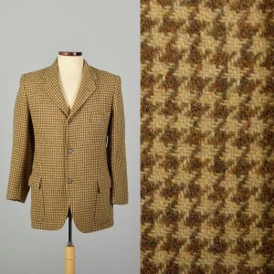 XS 1950s Houndstooth Jacket Tan Beige Wool Tweed Brooks Brothers Flap Pocket Casual Sport Blazer