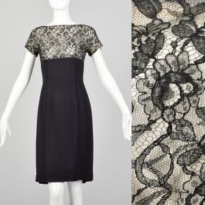 Small 1960s Black Dress Rockabilly Cocktail Lace Illusion Empire Bust Party Dress