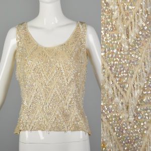 Large 1960s Beaded Sweater Sleeveless Top Ivory Knit