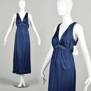 M-L 1970s Navy Blue Nightgown Silky Nylon Sleeveless V Neck Vanity Fair Lingerie Deadstock 
