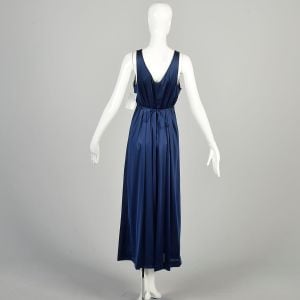 M-L 1970s Navy Blue Nightgown Silky Nylon Sleeveless V Neck Vanity Fair Lingerie Deadstock  - Fashionconservatory.com