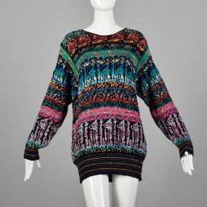 Small 1980s Sweater Oversized Bright Abstract Ugly Cute Ribbed Knit