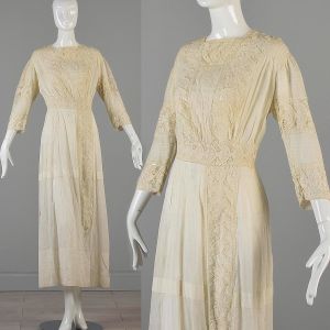 Small 1910s Edwardian Cotton Lawn Dress Embroidered Lace