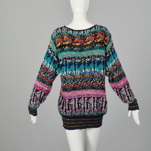 Small 1980s Sweater Oversized Bright Abstract Ugly Cute Ribbed Knit - Fashionconservatory.com