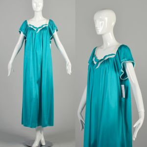 XL 1980s Teal Nightgown Leaf Motif Long Vanity Fair Maxi Short Sleeve White Leaves Nightgown Dress