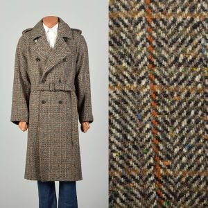 Medium 1970s Plaid Trench Coat Winter Flecked Wool Tweed Double Breasted Wide Lapel Raglan Sleeve