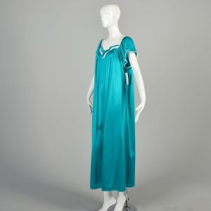 XL 1980s Teal Nightgown Leaf Motif Long Vanity Fair Maxi Short Sleeve White Leaves Nightgown Dress - Fashionconservatory.com