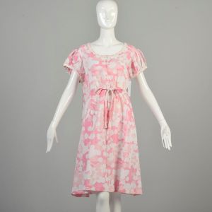 L-XXL 1960s Pink White Floral Dress Rayon Blend Lace Trim Waist Tie Short Sleeve Summer Casual Dress