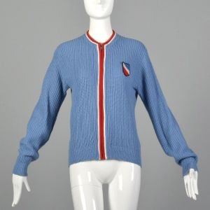 Medium 1960s Blue Sweater Zipper Cardigan Ribbed Knit Red Trim Rockabilly Top