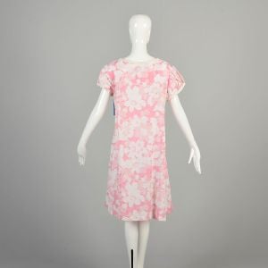 L-XXL 1960s Pink White Floral Dress Rayon Blend Lace Trim Waist Tie Short Sleeve Summer Casual Dress - Fashionconservatory.com