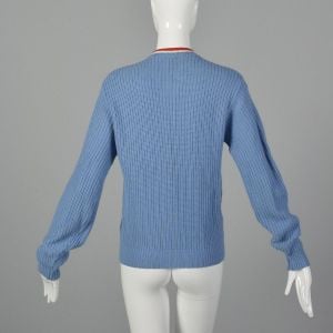 Medium 1960s Blue Sweater Zipper Cardigan Ribbed Knit Red Trim Rockabilly Top - Fashionconservatory.com