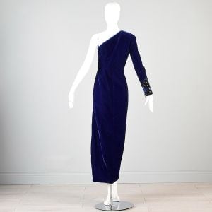 1990s Escada Couture Dress Purple Velvet Asymmetric One Shoulder Formal Gown - Fashionconservatory.com