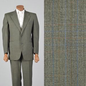 43R 1970s Suit Green Plaid Two Piece Convertible Pockets Matching Set Flat Front Pants