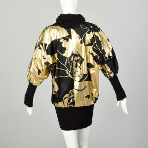 Medium 1990s Tunic Black Metallic Gold Silkscreen Print Oversized Cocoon Dress - Fashionconservatory.com