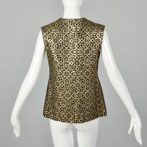 Medium 1970s Gold Vest Metallic Tapestry Black Sleeveless Bohemian Top - Fashionconservatory.com