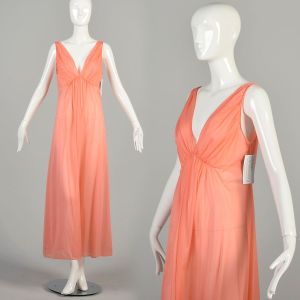 *AS IS* M-L 1980s Sheer Peach Pink Nightgown DAMAGED Sleeveless Low V Neck Silky Nylon Lingerie