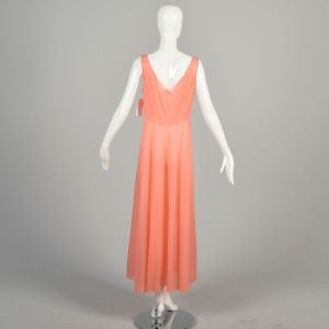 *AS IS* M-L 1980s Sheer Peach Pink Nightgown DAMAGED Sleeveless Low V Neck Silky Nylon Lingerie - Fashionconservatory.com