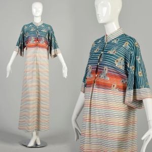 L-XL 1970s Striped Floral Dress Rainbow Sunset Casual Silky Jersey Short Sleeve MuuMuu Maxi 