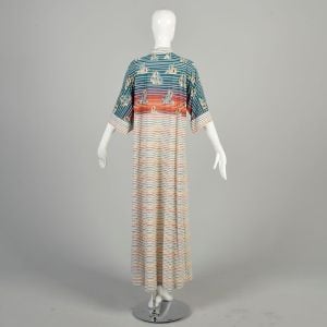 L-XL 1970s Striped Floral Dress Rainbow Sunset Casual Silky Jersey Short Sleeve MuuMuu Maxi  - Fashionconservatory.com