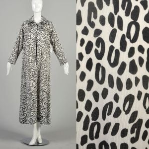 L-XL 1970s Black White Leopard Print Exotic Animal Silky Loungewear Long Sleeve Maxi Zip Up Robe 