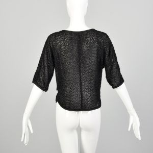 Medium 1980s Shirt Black Elbow Sleeve Semi Sheer Eyelash Lurex - Fashionconservatory.com