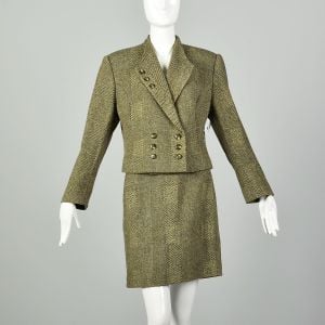 Medium 1980s Pea Green Tweed Buttoned Mini Skirt Suit Set 